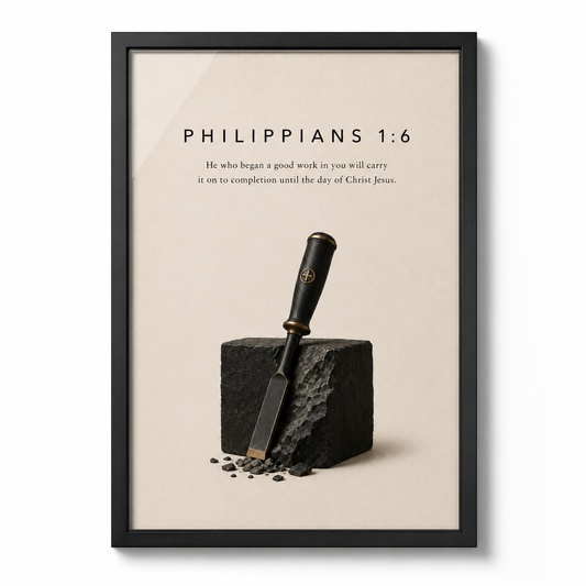 Good Work Philippians 1:6 good work Bible verse art in a black frame on a plain background.