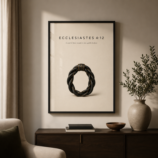 Threefold Ecclesiastes 4:12 three strand cord wall art above a console in a living room.