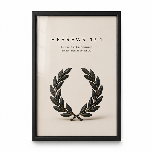 Endure Hebrews 12:1 run with endurance wall art in a black frame on a plain background.