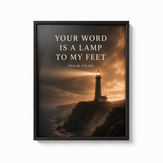 Your Word Is a Lamp to My Feet – Psalm 119:105 Christian Lighthouse Wall Art | Premium Wooden Framed Print