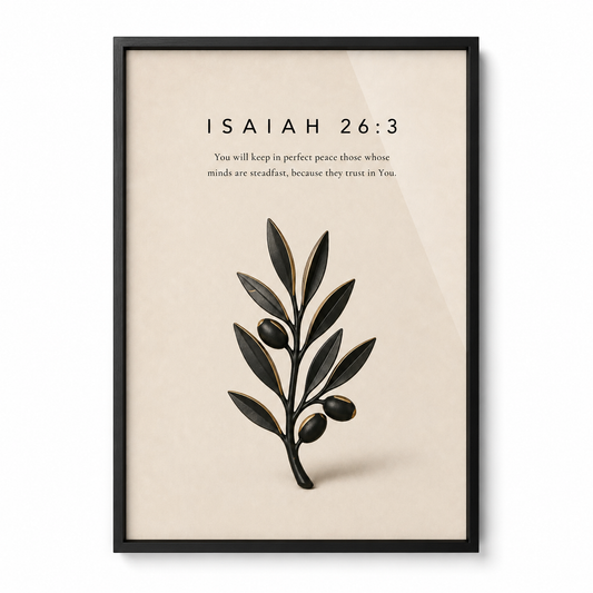 Perfect Peace Isaiah 26:3 framed Bible verse print in a black frame on a plain background.