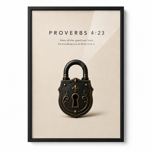 Guarded Proverbs 4:23 Proverbs wall art in a black frame on a plain background.