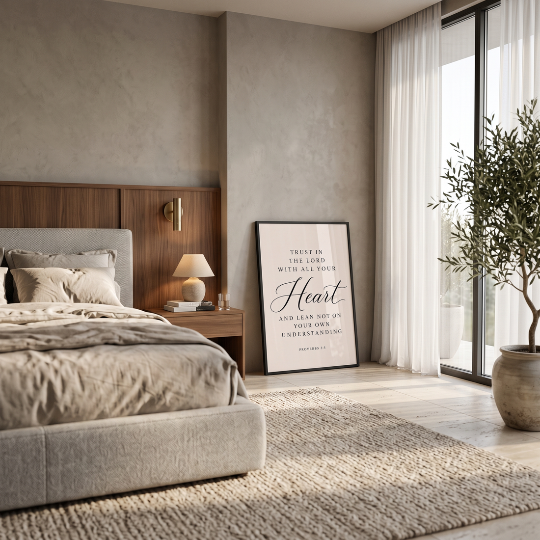 Proverbs 3:5 trust in the Lord wall art leaning in a bedroom