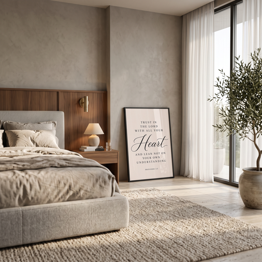 Proverbs 3:5 trust in the Lord wall art leaning in a bedroom