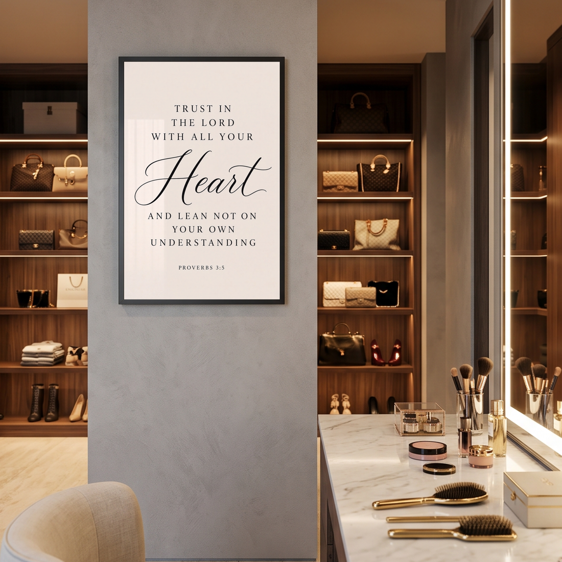 Proverbs 3:5 minimalist Bible verse decor above a small vanity