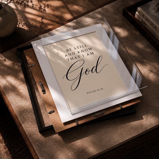 Psalm 46:10 framed wall art shown with frame backing and clear cover
