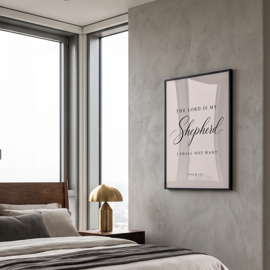 Psalm 23 Shepherd wall art above a bed in a neutral bedroom