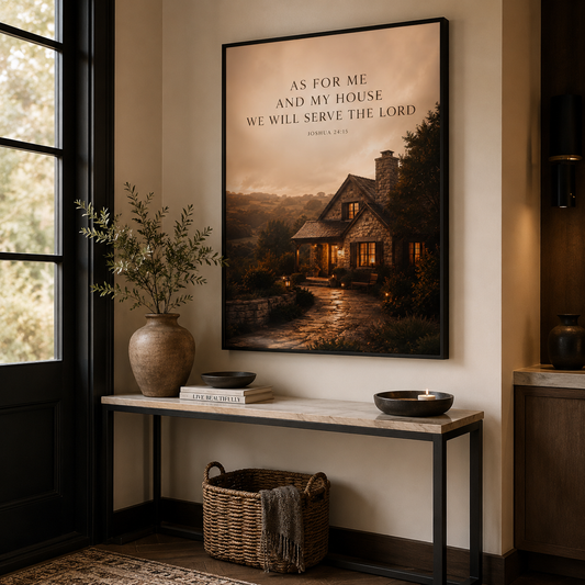 Joshua 24:15 Christian entryway wall art above a console