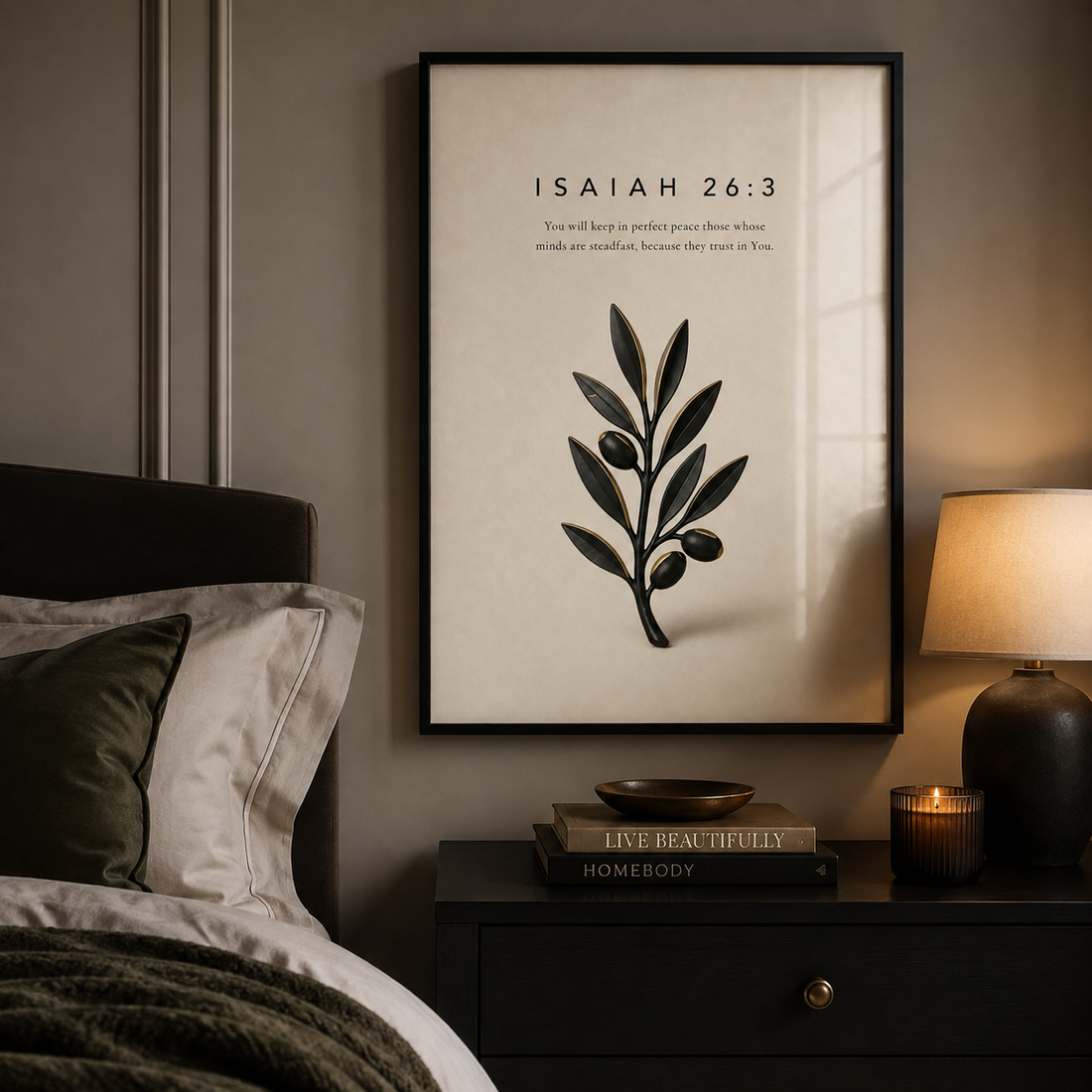 Isaiah 26:3 Perfect Peace Bible verse print above a neutral bed