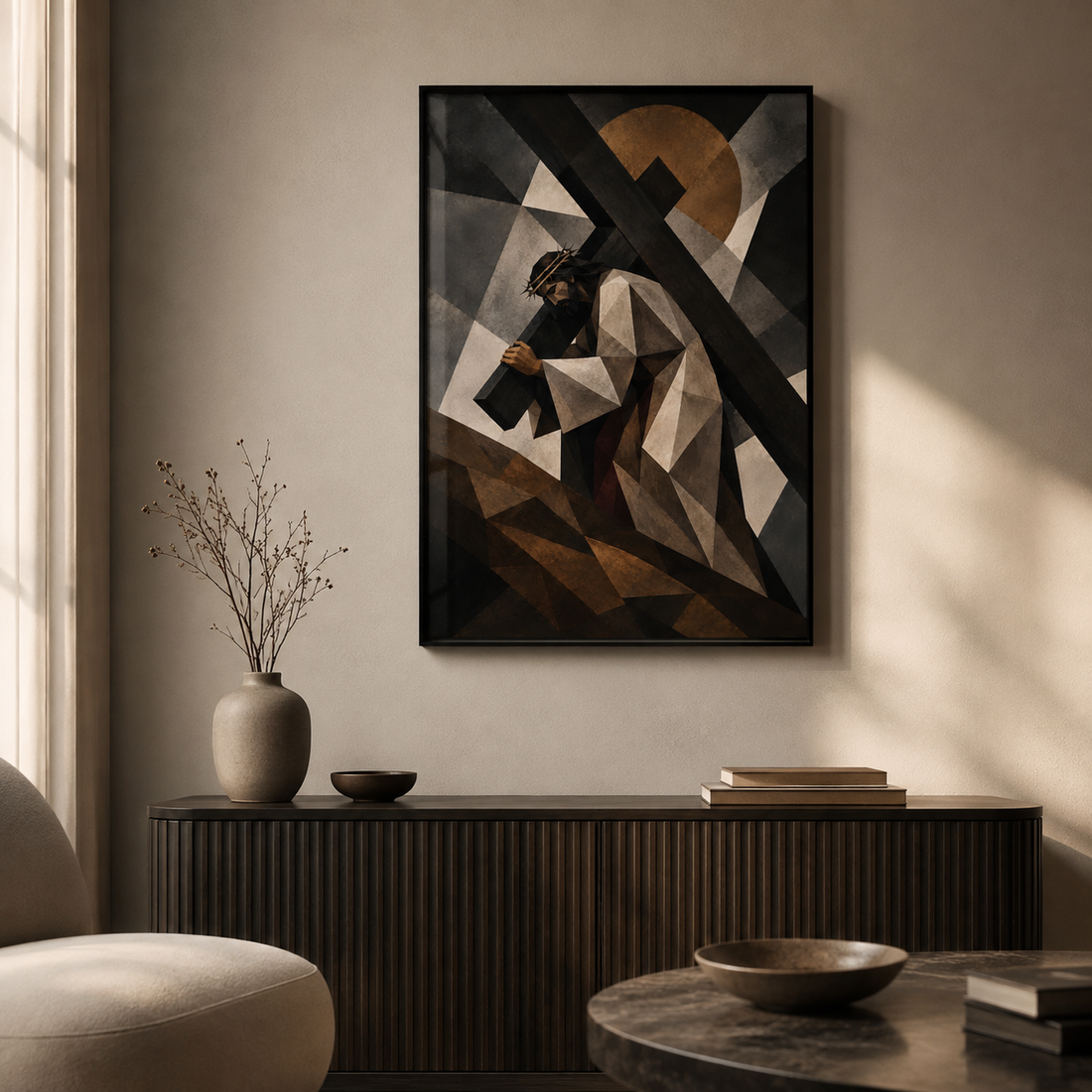 Calvary Christian cross wall art above a modern living room sofa
