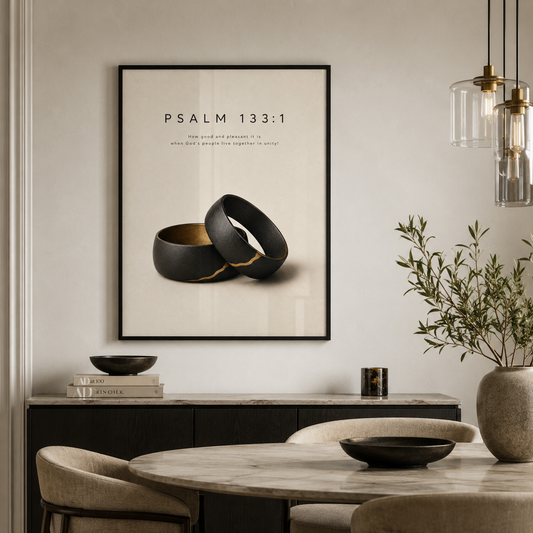 Unity Psalm 133:1 Christian wall art above a dining sideboard