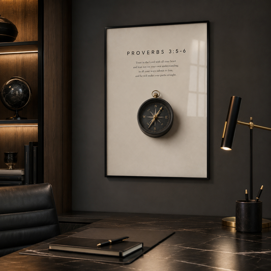 Proverbs 3:5–6 Christian compass wall art above a home office desk