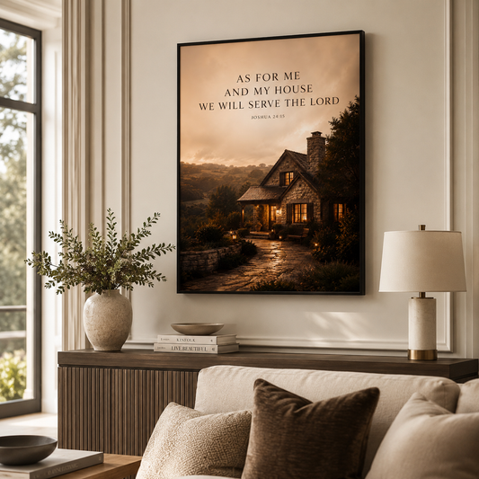 Joshua 24:15 Christian wall art in a calm family living room