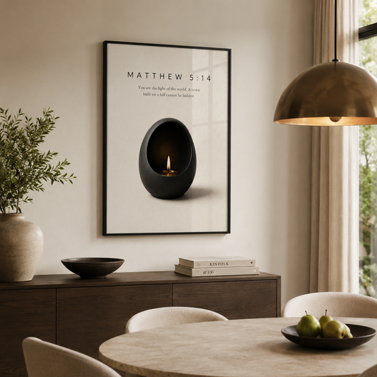 Modern Matthew 5:14 Christian wall art above a dining sideboard