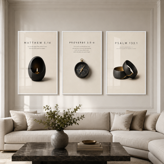 Three-piece Christian Scripture gallery above a modern sofa