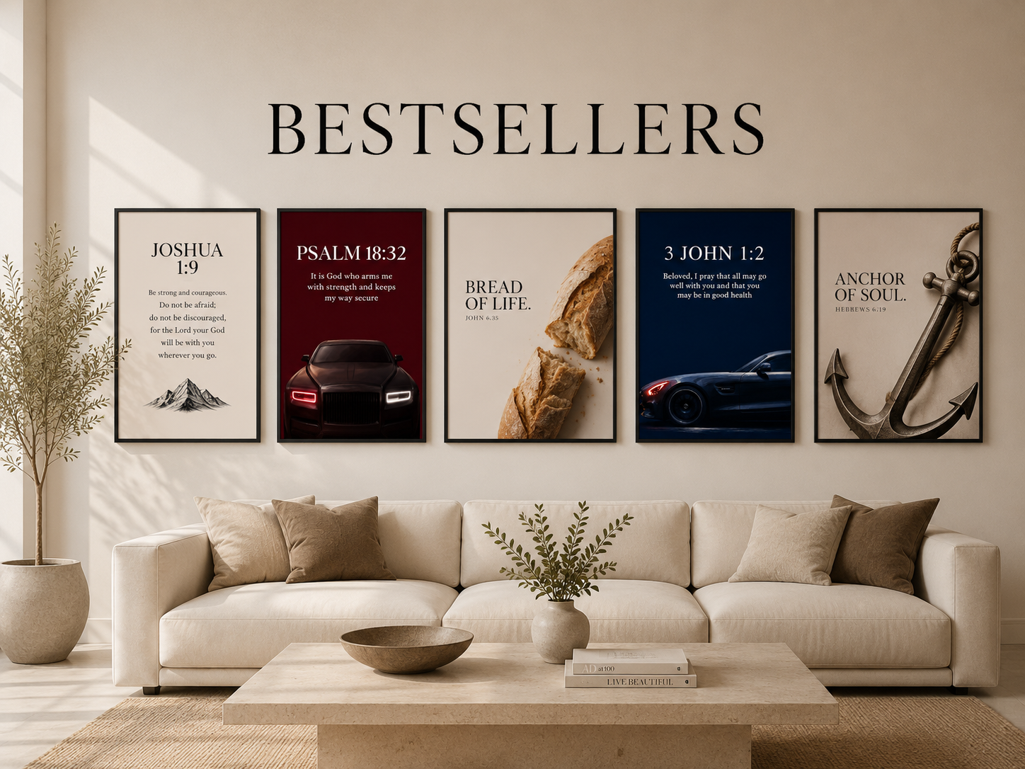 Best Sellers collection banner featuring premium framed Christian wall art displayed in a modern luxury living room.