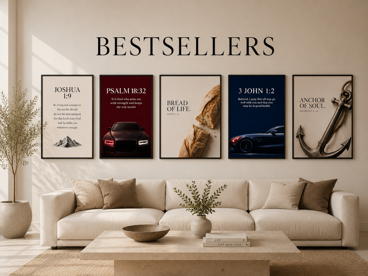 Best Sellers collection banner featuring premium framed Christian wall art displayed in a modern luxury living room.