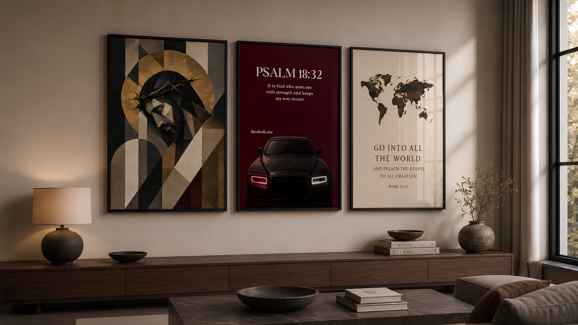 Three framed wall art prints hang above a wooden console in a styled living room. The left print shows a stylized face with a crown of thorns in gold, black, and beige tones.Modern Christian Wall Art & Bible Verse Prints | Sacred Walls