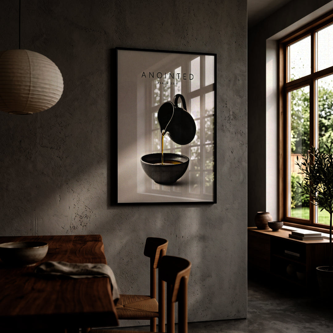 Anointed Psalm 23:5 my cup overflows wall art above a sofa in a living room.