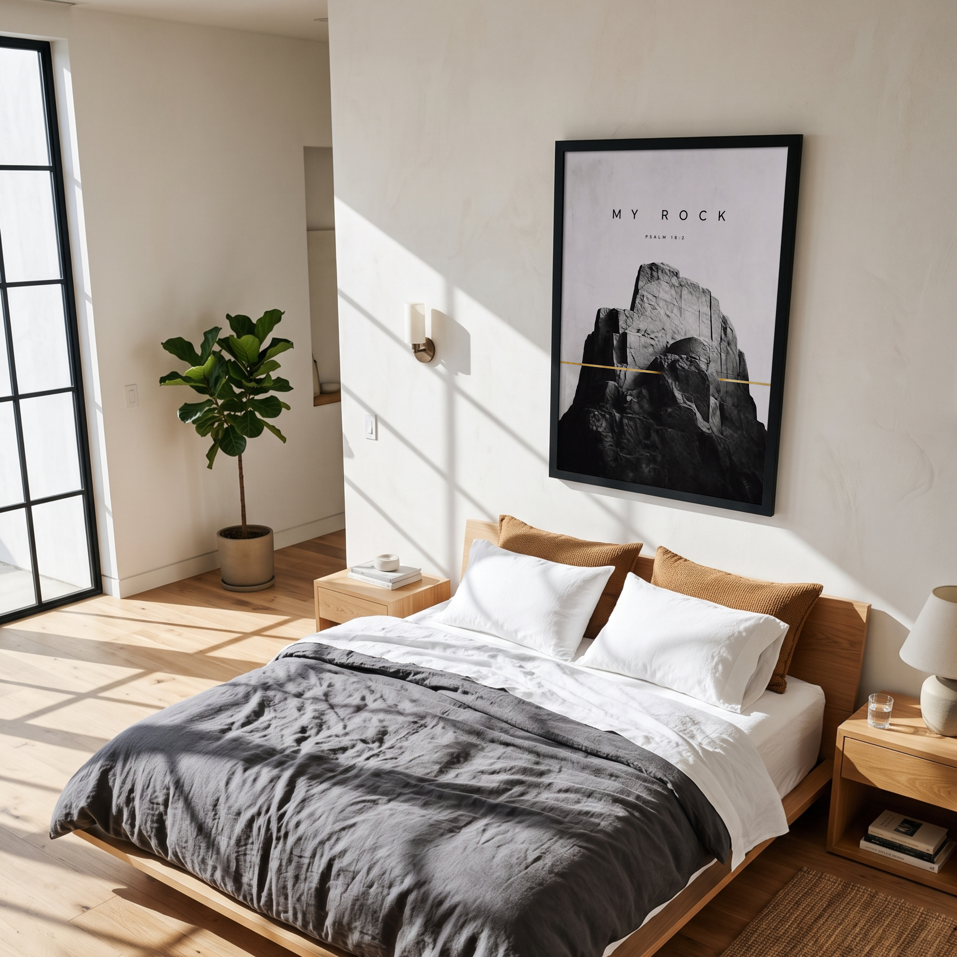 My Rock Psalm 18:2 Psalm 18:2 wall art above a bed in a neutral bedroom.