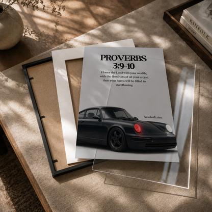 Proverbs 3:9–10 Christian Classic Car Wall Art | Premium Metal Framed Bible Verse Print
