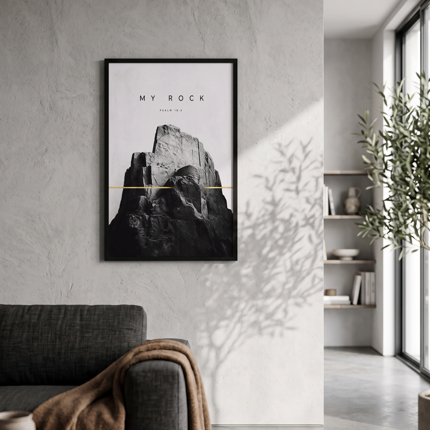 My Rock Psalm 18:2 Christian mountain wall art above a second living room sofa.