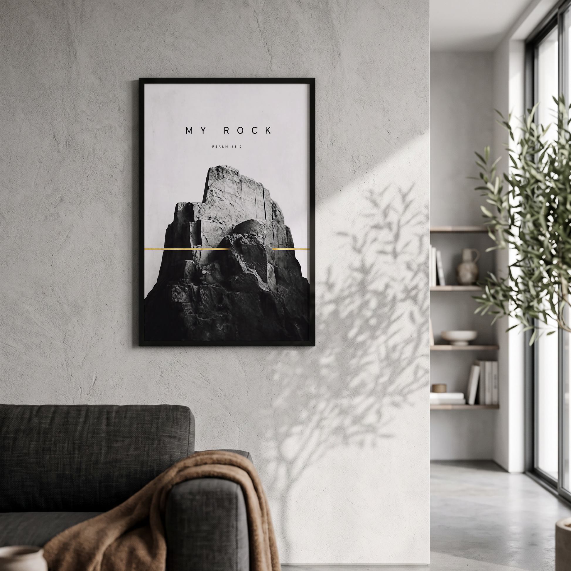 My Rock Psalm 18:2 Christian mountain wall art above a second living room sofa.