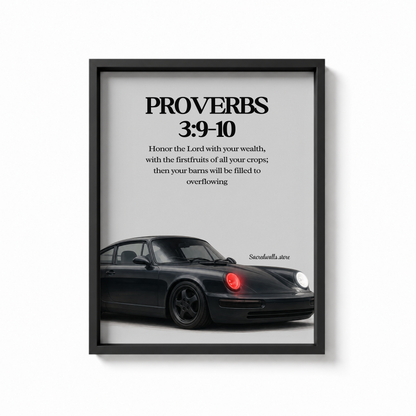 Proverbs 3:9–10 Christian Classic Car Wall Art | Premium Metal Framed Bible Verse Print