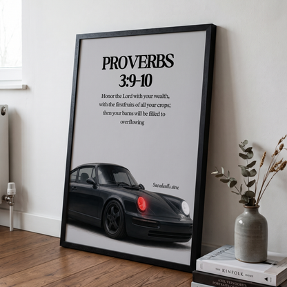Proverbs 3:9–10 Christian Classic Car Wall Art | Premium Metal Framed Bible Verse Print
