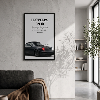 Proverbs 3:9–10 Christian Classic Car Wall Art | Premium Metal Framed Bible Verse Print
