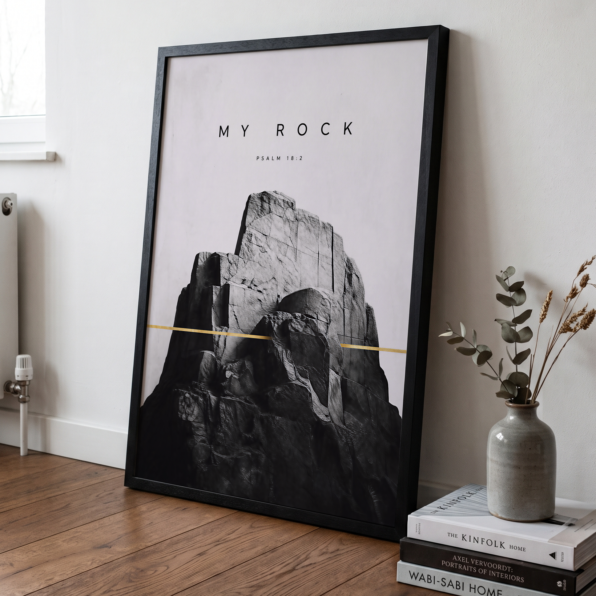 My Rock Psalm 18:2 Christian mountain wall art leaning against a wall.