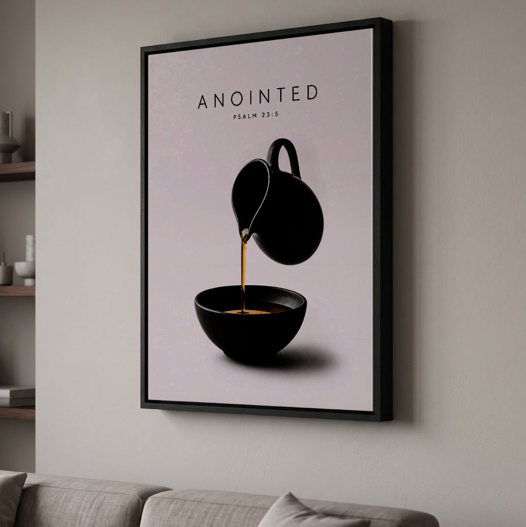Anointed Psalm 23:5 anointed Scripture print above a second living room sofa.