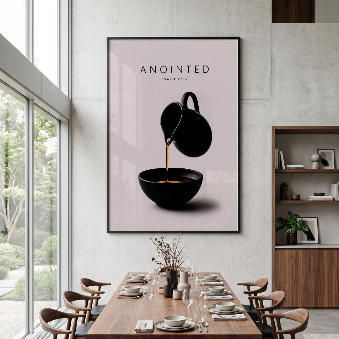 Anointed Psalm 23:5 Christian anointing wall art above a dining sideboard.