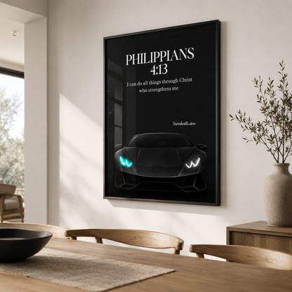 Philippians 4:13 Christian Lamborghini Wall Art | Premium Metal Framed Bible Verse Print