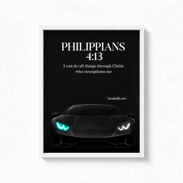 Philippians 4:13 Christian Lamborghini Wall Art | Premium Metal Framed Bible Verse Print