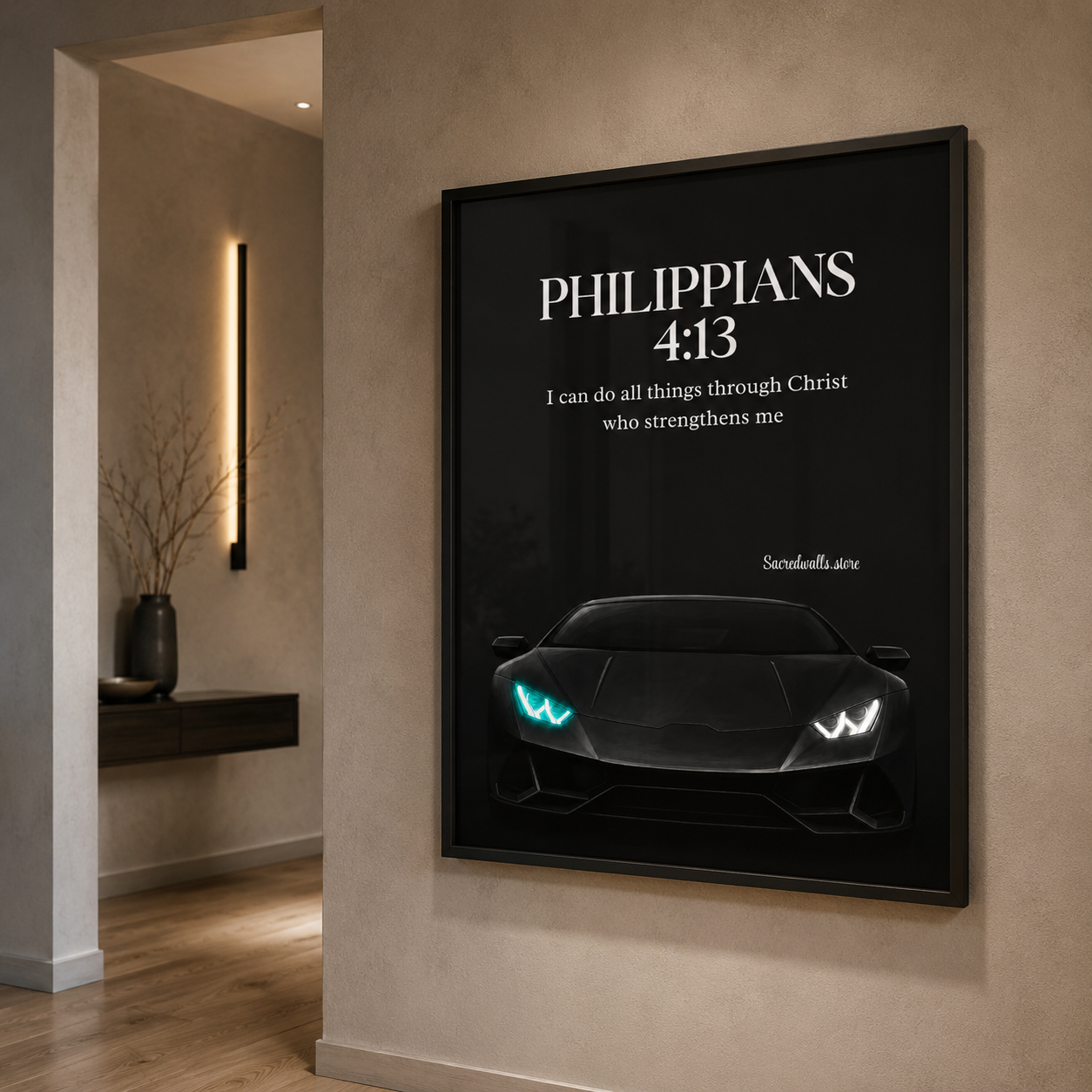 Philippians 4:13 Christian Lamborghini Wall Art | Premium Metal Framed Bible Verse Print