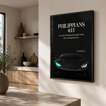 Philippians 4:13 Christian Lamborghini Wall Art | Premium Metal Framed Bible Verse Print