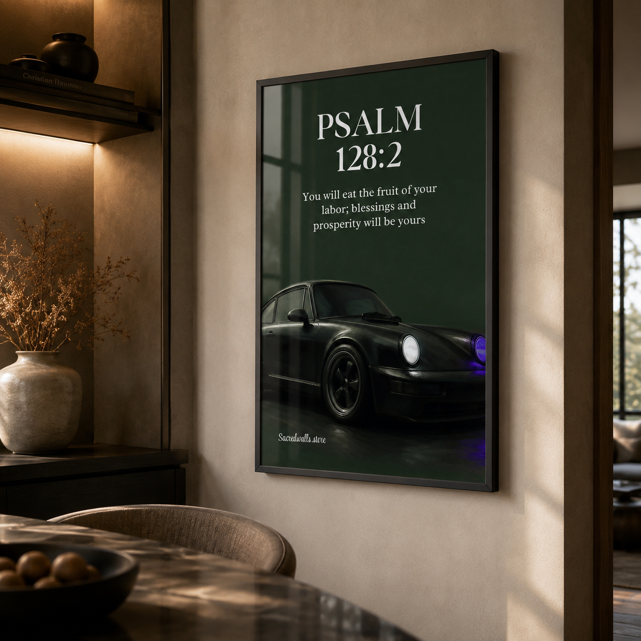 Psalm 128:2 Christian Car Wall Art | Premium Framed Scripture Print for Men