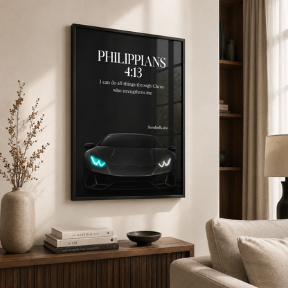 Philippians 4:13 Christian Lamborghini Wall Art | Premium Metal Framed Bible Verse Print