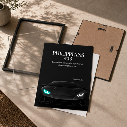 Philippians 4:13 Christian Lamborghini Wall Art | Premium Metal Framed Bible Verse Print