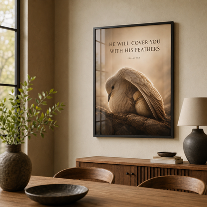 He Will Cover You – Psalm 91:4 Christian Wall Art | Premium Wooden Framed Scripture Print