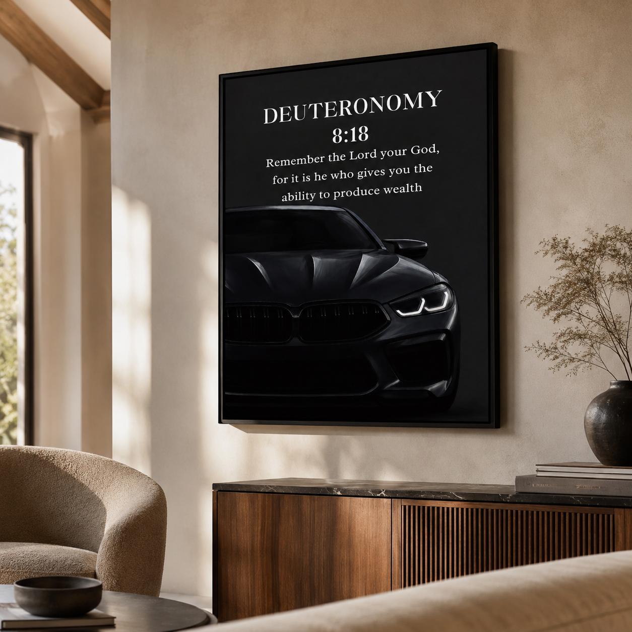 Deuteronomy 8:18 Christian Luxury Car Wall Art | Premium Metal Framed Bible Verse Print
