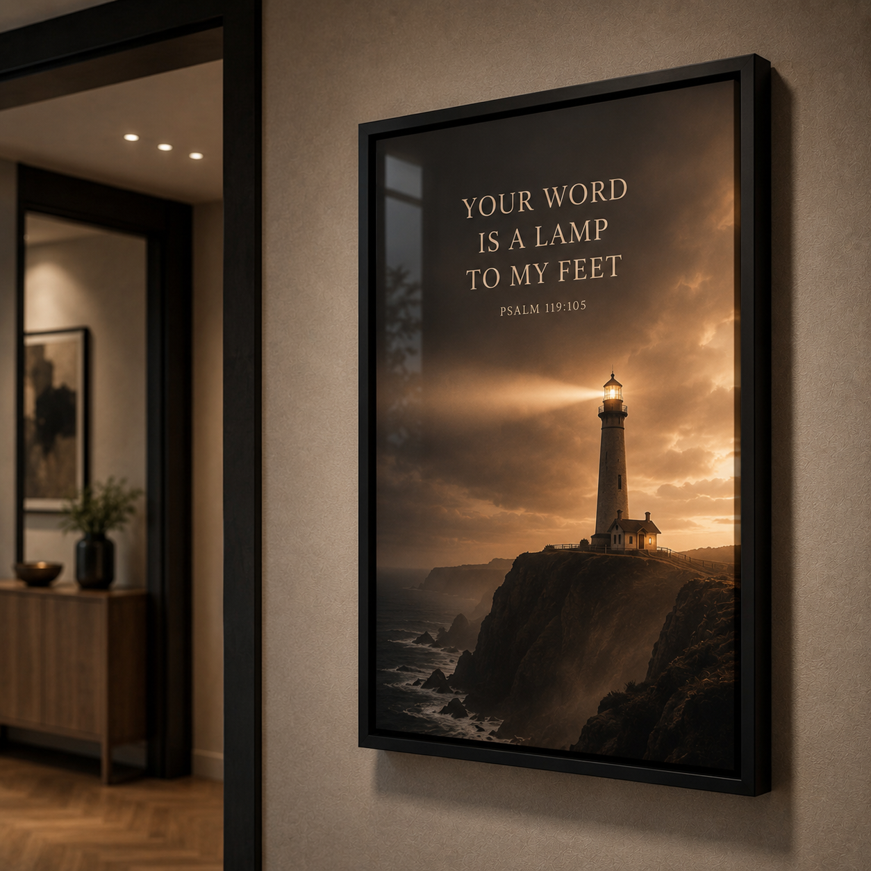 Your Word Is a Lamp to My Feet – Psalm 119:105 Christian Lighthouse Wall Art | Premium Wooden Framed Print