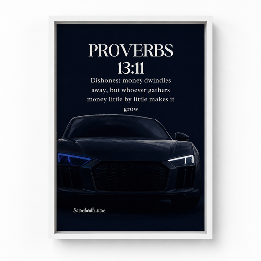Proverbs 13:11 Christian Luxury Car Wall Art | Premium Metal Framed Bible Verse Print