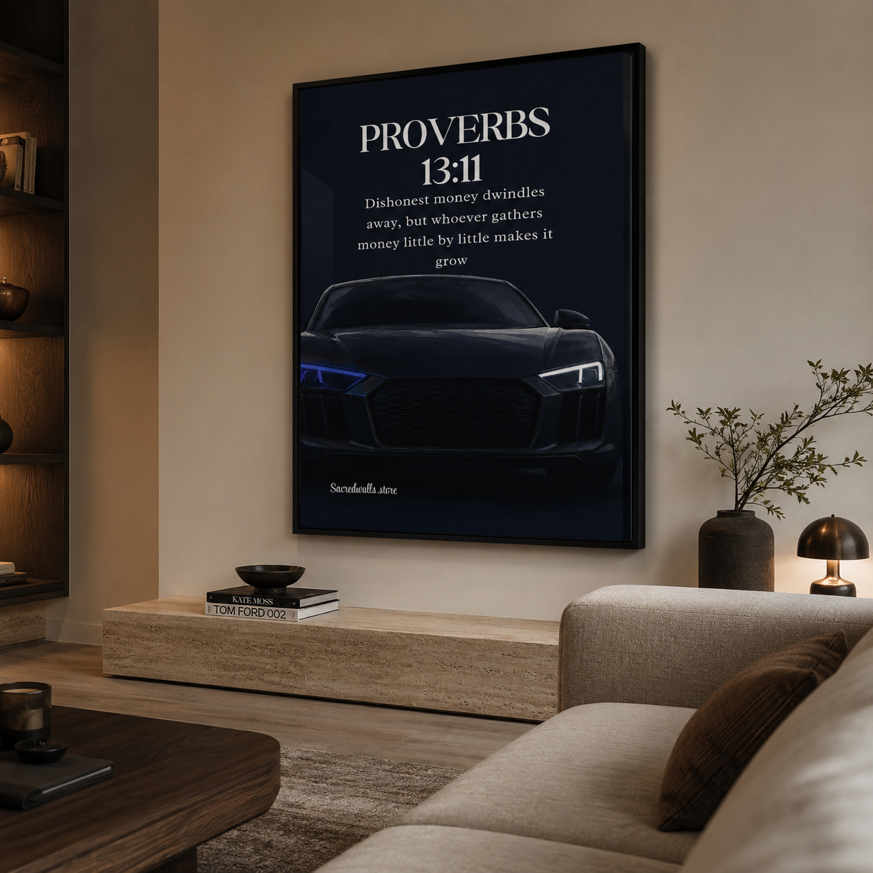Proverbs 13:11 Christian Luxury Car Wall Art | Premium Metal Framed Bible Verse Print