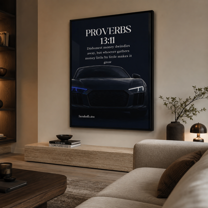Proverbs 13:11 Christian Luxury Car Wall Art | Premium Metal Framed Bible Verse Print