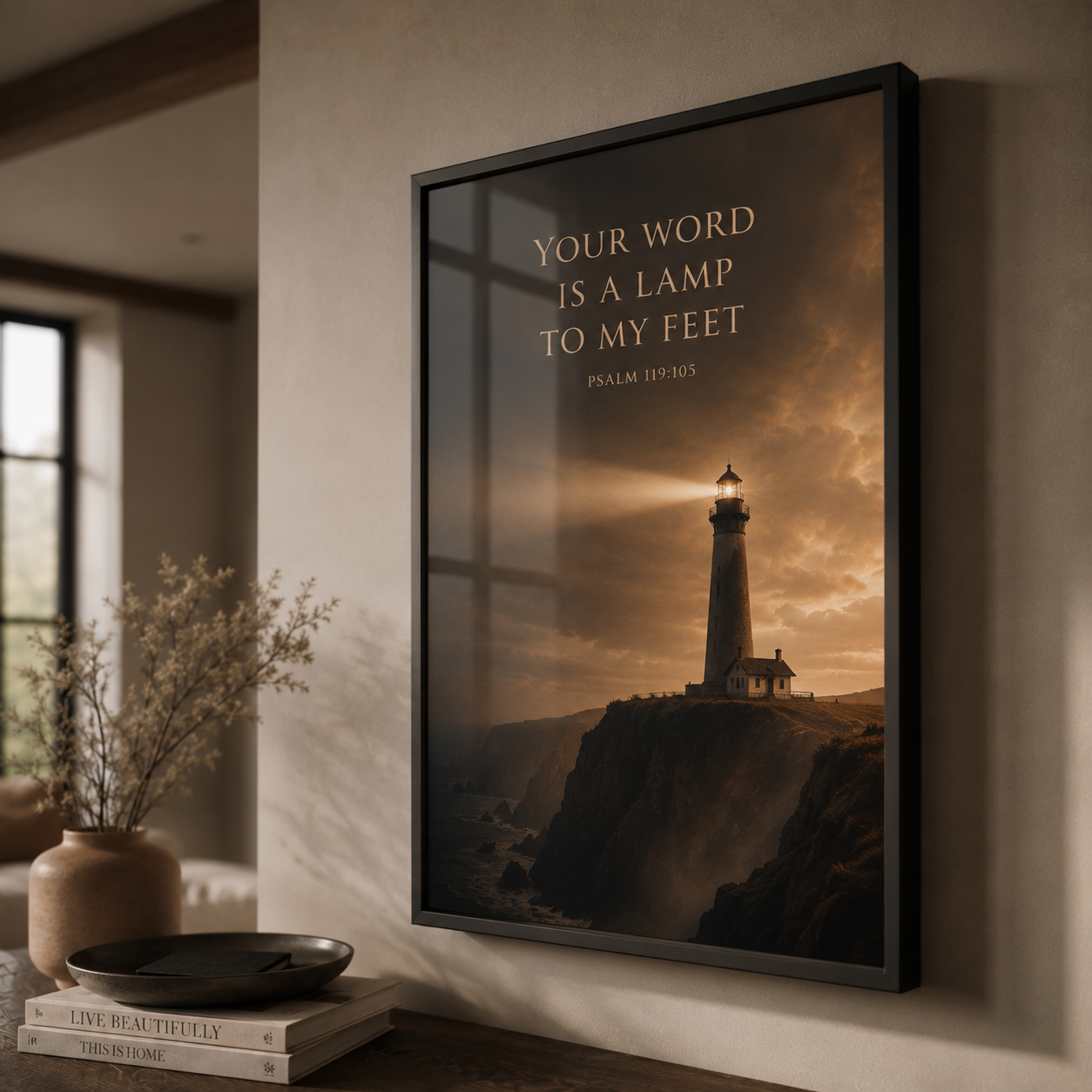 Your Word Is a Lamp to My Feet – Psalm 119:105 Christian Lighthouse Wall Art | Premium Wooden Framed Print