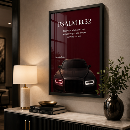 Psalm 18:32 Christian Car Wall Art | Luxury Scripture Print for Men