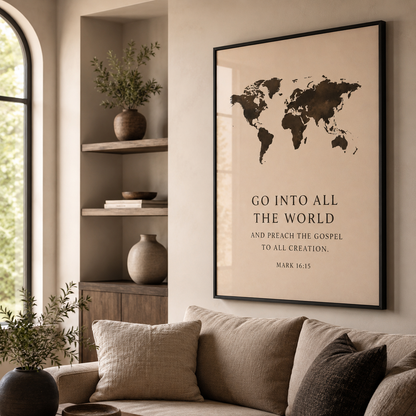 Go Into All the World – Mark 16:15 Christian Wall Art | Premium Wooden Framed Scripture Print