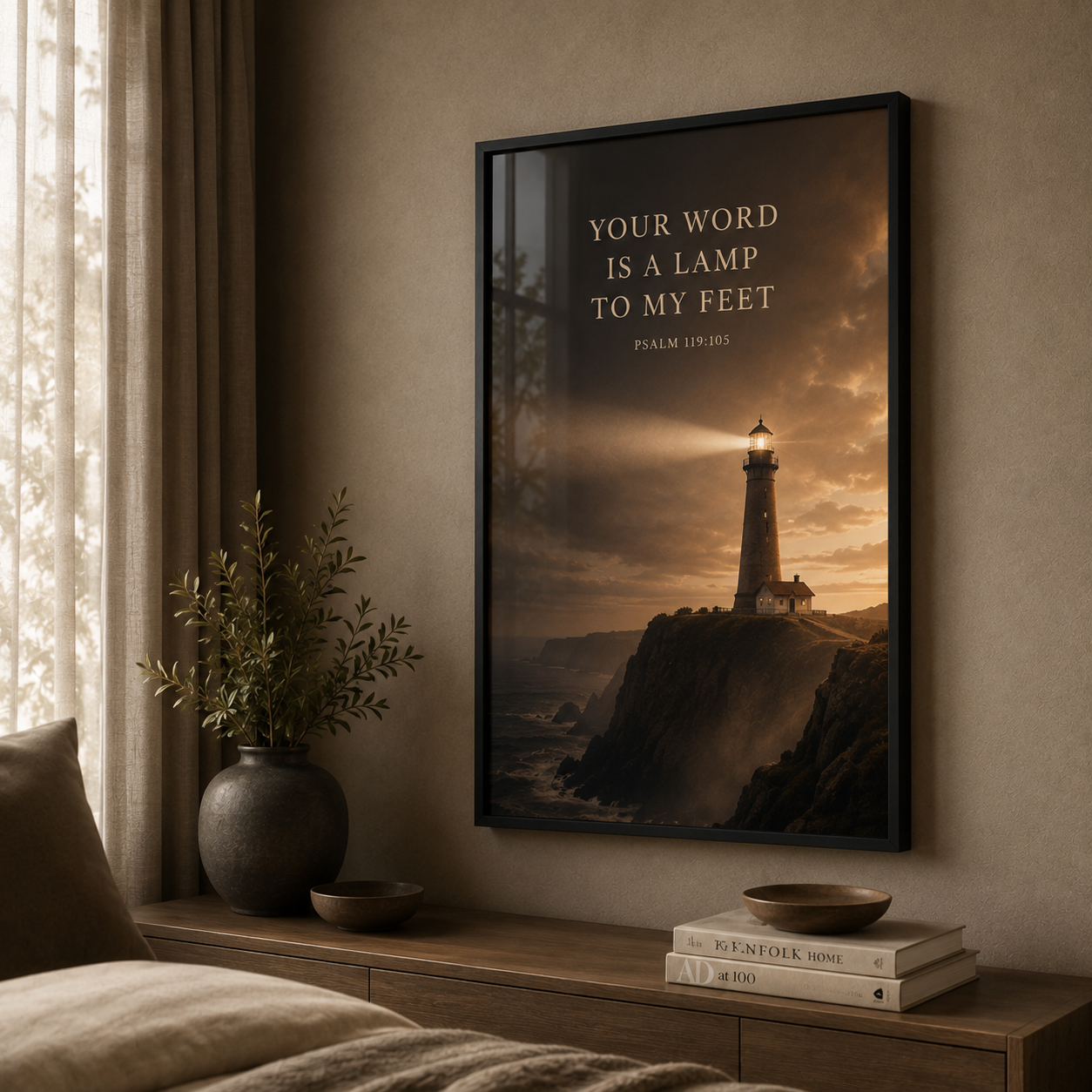 Your Word Is a Lamp to My Feet – Psalm 119:105 Christian Lighthouse Wall Art | Premium Wooden Framed Print